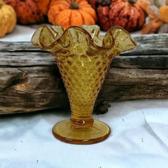 Vtg Hobnail Vase Glass Amber Ruffled Edge 4" tall Trumpet Flowers Fall - Picture 1 of 8